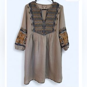 Johnny Was Taupe Embroidered Long Sleeve Boho Dress with Navy & Mustard Accents